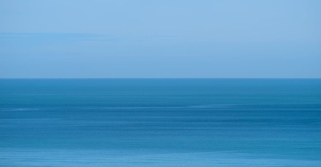 Calm blue sea under a light blue sky creating a peaceful horizon.