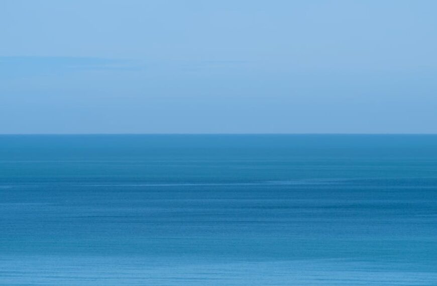 Calm blue sea under a light blue sky creating a peaceful horizon.